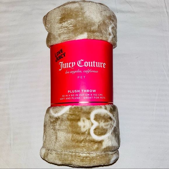 Juicy Couture Pet Plush Throw Scotty Dog Heart Print Tan & White 50” x 60”